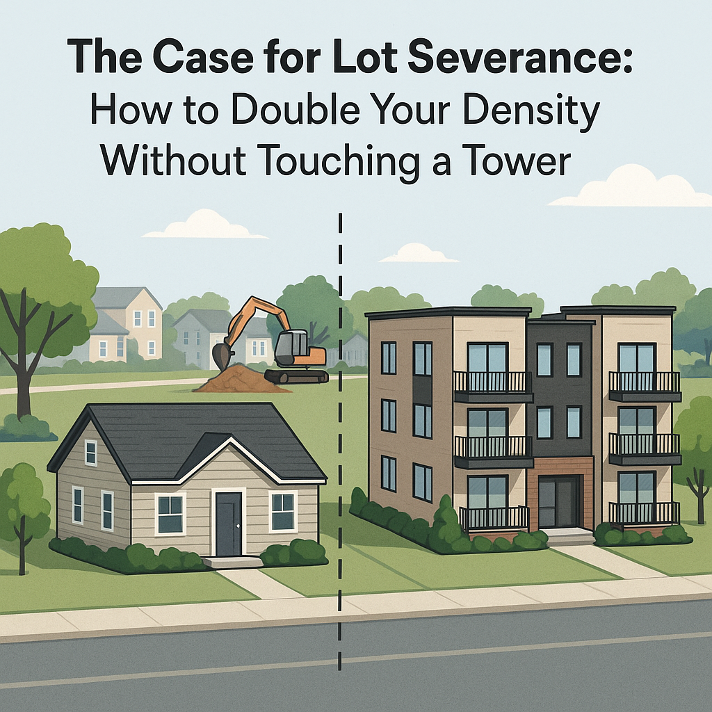 Illustration of a suburban lot split by a dashed line: on the left, a single-family home; on the right, a modern three-story multiplex building, symbolizing lot severance and gentle density housing