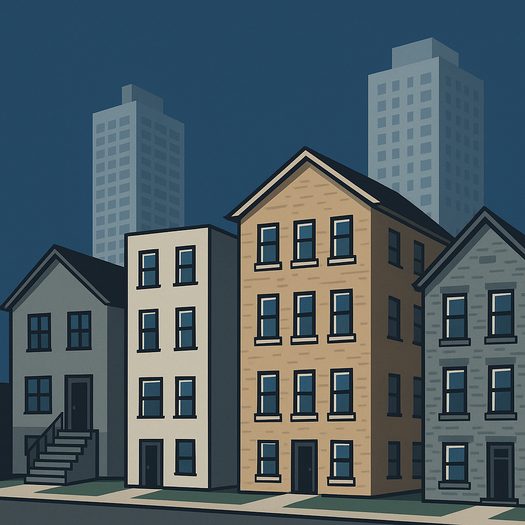 Minimalist illustration of low-rise multiplex residential buildings in front of high-rise towers, representing Toronto’s as-of-right zoning changes.